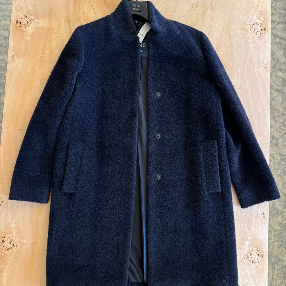 NWT Size 6 Cinzia Rocca Navy Wool and Alpaca Coat with Inverted Notch Collar